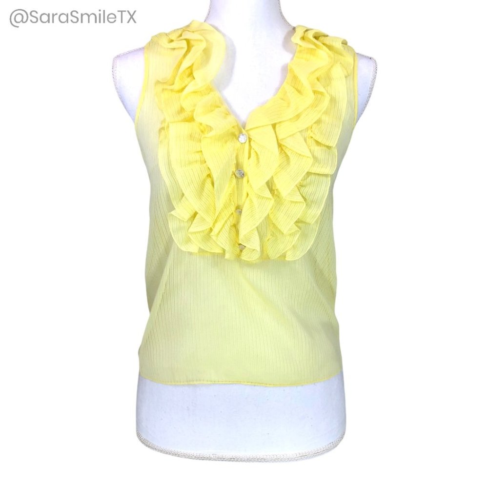 LOUIS VUITTON Authentic Canary Yellow Silk Ruffle Sleeveless Tuxedo Top